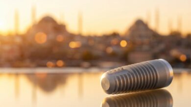 A photorealistic image of a sterile, high-quality dental implant resting on a clean surface. In the background, a beautiful and softly blurred panoramic view of the Istanbul, Turkey skyline is visible at sunrise, symbolizing dental tourism.