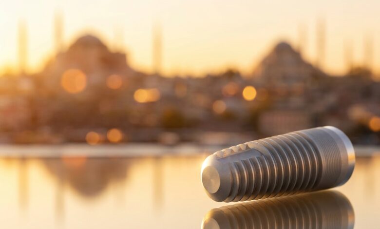 A photorealistic image of a sterile, high-quality dental implant resting on a clean surface. In the background, a beautiful and softly blurred panoramic view of the Istanbul, Turkey skyline is visible at sunrise, symbolizing dental tourism.
