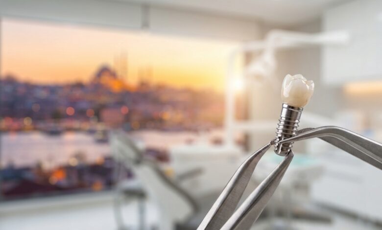 A close-up, photorealistic image of a high-tech dental implant and crown inside a modern clinic, with the beautifully blurred skyline of Istanbul, Turkey visible through a window in the background.
