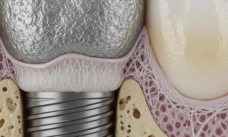 A close-up, photorealistic, microscopic view of a titanium dental implant surface partially embedded in jawbone, showing a distinct layer of soft fibrous tissue forming between the implant and the bone, signifying a failure of osseointegration. The surrounding bone shows some cellular detail.