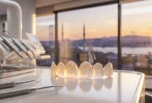 A close-up of a flawless set of porcelain veneers on a clean surface, with a blurred, sunny background showing the iconic skyline of Istanbul, Turkey, representing the concept of dental tourism.