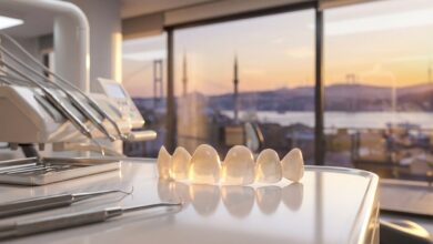 A close-up of a flawless set of porcelain veneers on a clean surface, with a blurred, sunny background showing the iconic skyline of Istanbul, Turkey, representing the concept of dental tourism.