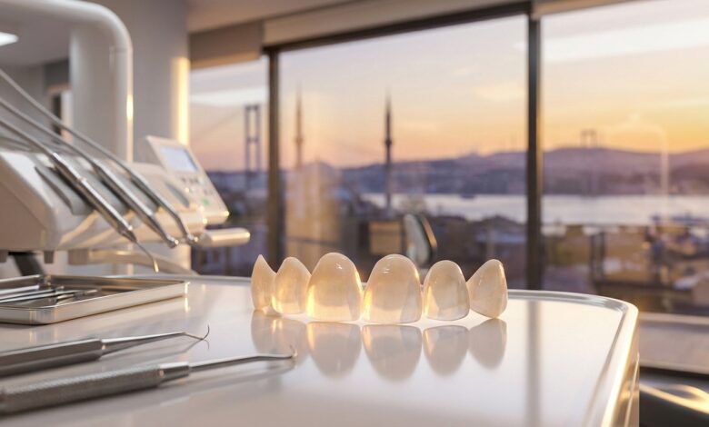 A close-up of a flawless set of porcelain veneers on a clean surface, with a blurred, sunny background showing the iconic skyline of Istanbul, Turkey, representing the concept of dental tourism.