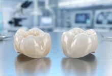 A highly detailed macro photograph showing a translucent porcelain dental crown and a strong, opaque zirconia dental crown side-by-side on a reflective surface in a modern, sterile dental lab.
