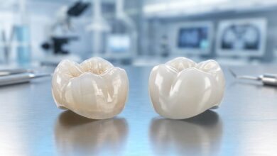 A highly detailed macro photograph showing a translucent porcelain dental crown and a strong, opaque zirconia dental crown side-by-side on a reflective surface in a modern, sterile dental lab.