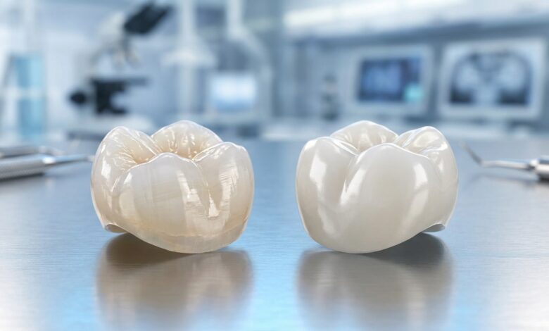 A highly detailed macro photograph showing a translucent porcelain dental crown and a strong, opaque zirconia dental crown side-by-side on a reflective surface in a modern, sterile dental lab.