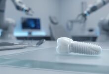 A close-up, detailed image of a white, ceramic zirconium dental implant resting on a clean surface in a modern, blurred laboratory environment.