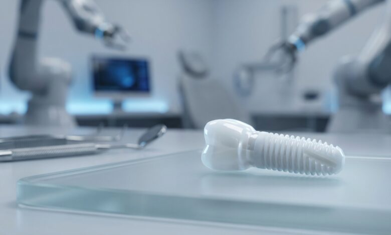 A close-up, detailed image of a white, ceramic zirconium dental implant resting on a clean surface in a modern, blurred laboratory environment.