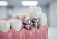 A photorealistic, close-up image of a conceptual dental implant system, showing the titanium post, abutment, and ceramic crown seamlessly integrated into healthy gum and bone tissue, against a clean, softly lit, blurred background. The image emphasizes strength, permanence, and modern dental technology.