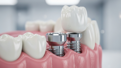 A photorealistic, close-up image of a conceptual dental implant system, showing the titanium post, abutment, and ceramic crown seamlessly integrated into healthy gum and bone tissue, against a clean, softly lit, blurred background. The image emphasizes strength, permanence, and modern dental technology.