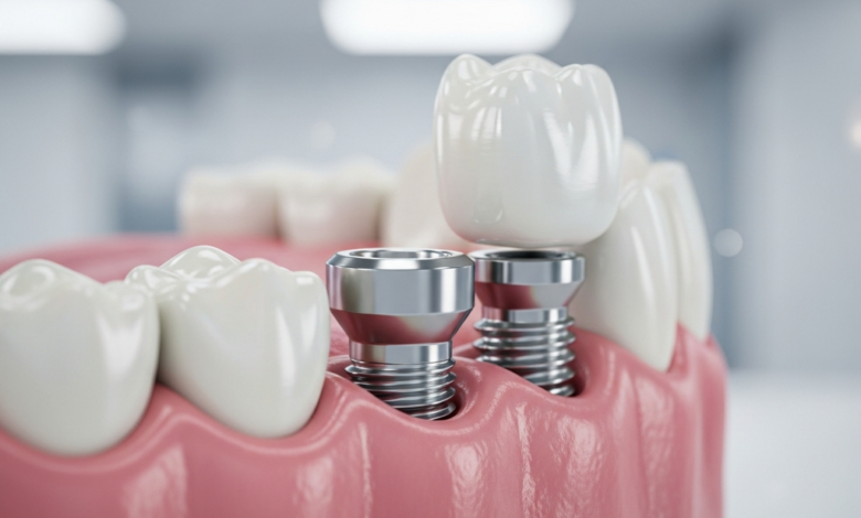 A photorealistic, close-up image of a conceptual dental implant system, showing the titanium post, abutment, and ceramic crown seamlessly integrated into healthy gum and bone tissue, against a clean, softly lit, blurred background. The image emphasizes strength, permanence, and modern dental technology.