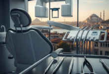A photorealistic image of a very clean, modern dental clinic interior featuring a futuristic dental chair, advanced diagnostic equipment, and sterile instruments. In the blurred background, a warm, sunlit cityscape of Istanbul, Turkey, with its distinctive minarets, is visible through a window.