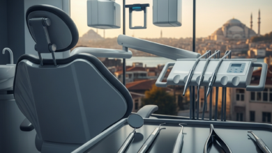 A photorealistic image of a very clean, modern dental clinic interior featuring a futuristic dental chair, advanced diagnostic equipment, and sterile instruments. In the blurred background, a warm, sunlit cityscape of Istanbul, Turkey, with its distinctive minarets, is visible through a window.