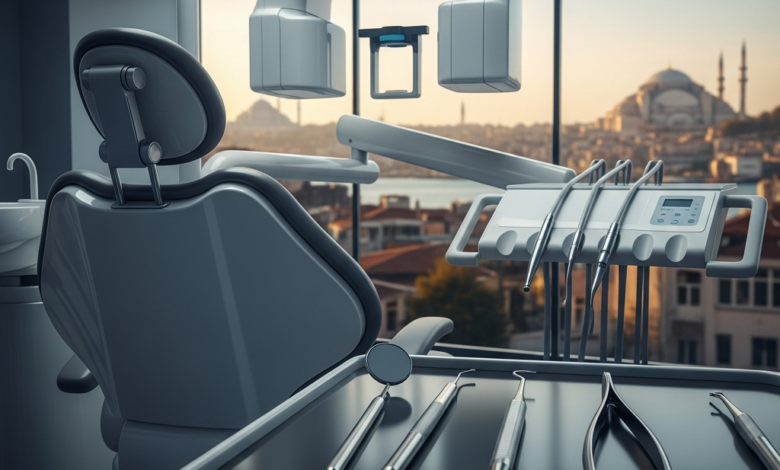 A photorealistic image of a very clean, modern dental clinic interior featuring a futuristic dental chair, advanced diagnostic equipment, and sterile instruments. In the blurred background, a warm, sunlit cityscape of Istanbul, Turkey, with its distinctive minarets, is visible through a window.