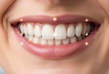 A close-up, photorealistic image of a healthy, natural human smile with teeth and lips, subtly overlaid with abstract digital scanning lines or a faint grid, suggesting careful examination. The background is a blurred, clean dental office. Emphasizes identifying authenticity in dental before-and-after pictures.
