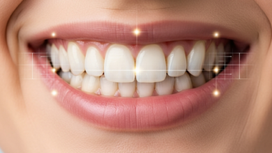 A close-up, photorealistic image of a healthy, natural human smile with teeth and lips, subtly overlaid with abstract digital scanning lines or a faint grid, suggesting careful examination. The background is a blurred, clean dental office. Emphasizes identifying authenticity in dental before-and-after pictures.