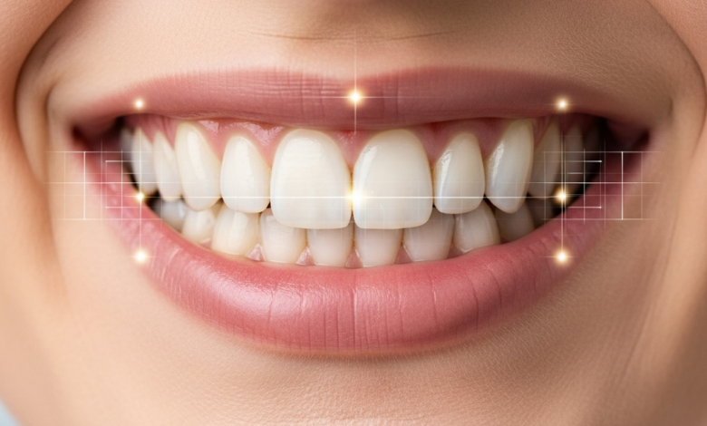 A close-up, photorealistic image of a healthy, natural human smile with teeth and lips, subtly overlaid with abstract digital scanning lines or a faint grid, suggesting careful examination. The background is a blurred, clean dental office. Emphasizes identifying authenticity in dental before-and-after pictures.