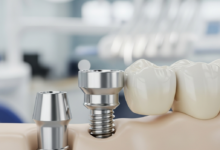 Close-up, photorealistic view of a dental implant with a titanium post, abutment, and a natural-looking ceramic crown, seamlessly blending with healthy teeth in a subtly blurred modern dental clinic background. No text is visible.