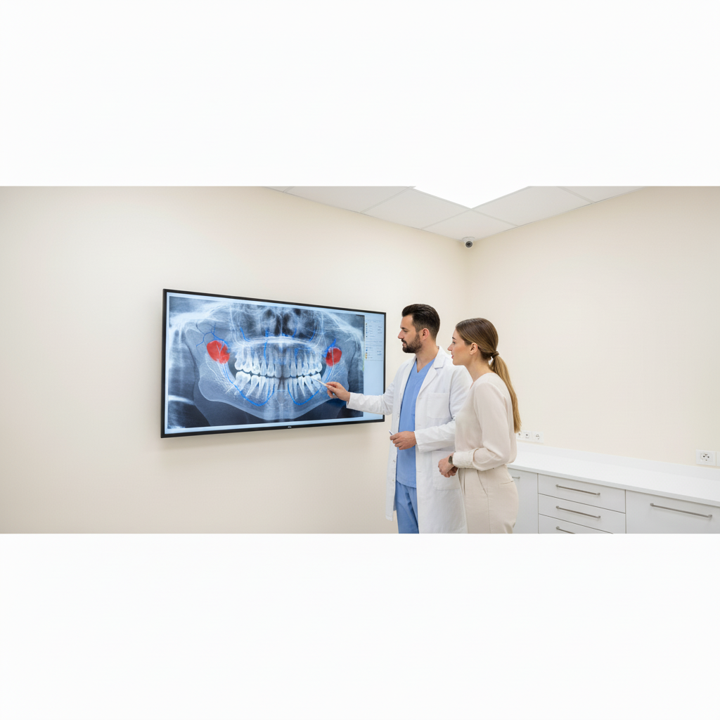 Dental Implant Consultation: reviewing advanced 3D CBCT scans for precise treatment planning and optimal implant placement.