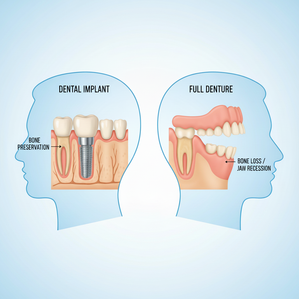 Dental Implants vs Dentures: a visual comparison showing how each solution interacts with the jawbone.