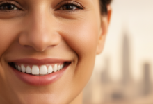 Close-up of a person with a bright, natural, and confident smile, showcasing healthy teeth. The background is softly blurred with indistinct urban architecture, hinting at a city in Turkey as a destination for dental tourism.