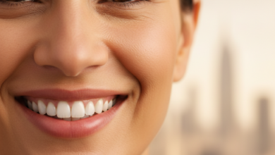 Close-up of a person with a bright, natural, and confident smile, showcasing healthy teeth. The background is softly blurred with indistinct urban architecture, hinting at a city in Turkey as a destination for dental tourism.