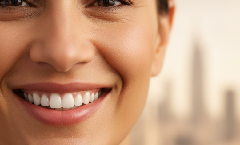 Close-up of a person with a bright, natural, and confident smile, showcasing healthy teeth. The background is softly blurred with indistinct urban architecture, hinting at a city in Turkey as a destination for dental tourism.