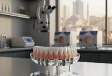 A close-up, photorealistic view of a perfect, natural-looking full dental arch prosthesis (representing All-on-6 implants) displayed on a clean stand. In the blurred background, a modern, sterile dental clinic interior with a window overlooking a soft-focus, warm-toned Turkish cityscape.