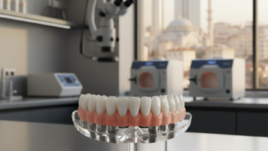 A close-up, photorealistic view of a perfect, natural-looking full dental arch prosthesis (representing All-on-6 implants) displayed on a clean stand. In the blurred background, a modern, sterile dental clinic interior with a window overlooking a soft-focus, warm-toned Turkish cityscape.