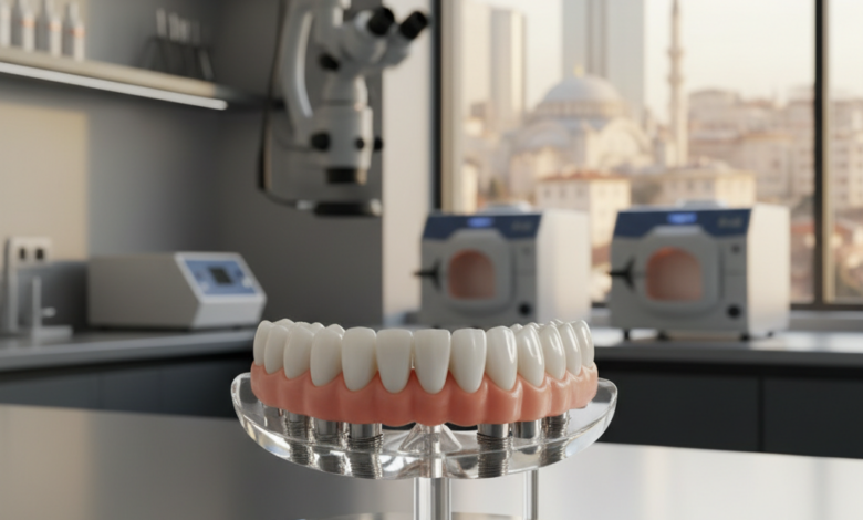 A close-up, photorealistic view of a perfect, natural-looking full dental arch prosthesis (representing All-on-6 implants) displayed on a clean stand. In the blurred background, a modern, sterile dental clinic interior with a window overlooking a soft-focus, warm-toned Turkish cityscape.