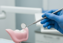 A close-up, photorealistic image of a gloved hand holding a sterile dental mirror near an abstract representation of a gum line, with a blurred modern dental clinic in the background. The scene emphasizes professional dental care and checkups for implants.