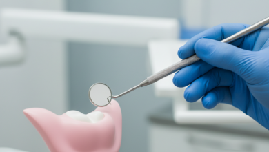 A close-up, photorealistic image of a gloved hand holding a sterile dental mirror near an abstract representation of a gum line, with a blurred modern dental clinic in the background. The scene emphasizes professional dental care and checkups for implants.