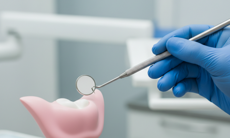 A close-up, photorealistic image of a gloved hand holding a sterile dental mirror near an abstract representation of a gum line, with a blurred modern dental clinic in the background. The scene emphasizes professional dental care and checkups for implants.