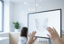 A close-up view of a dental professional's hands gesturing towards a tablet displaying a subtle 3D model of a jawbone with implant placements, during a consultation in a clean, modern dental office. A blurred patient is visible in the background.