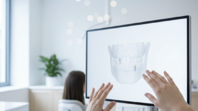 A close-up view of a dental professional's hands gesturing towards a tablet displaying a subtle 3D model of a jawbone with implant placements, during a consultation in a clean, modern dental office. A blurred patient is visible in the background.