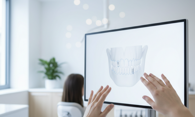 A close-up view of a dental professional's hands gesturing towards a tablet displaying a subtle 3D model of a jawbone with implant placements, during a consultation in a clean, modern dental office. A blurred patient is visible in the background.