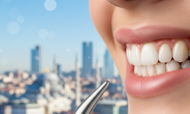 A close-up shot of a healthy, radiant human smile with flawless teeth, symbolizing successful dental implant treatment. In the softly blurred background, a vibrant cityscape of Istanbul, Turkey, is visible under a clear sky, representing the destination for dental tourism.