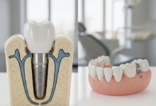 A photorealistic, detailed comparison image. On the left, a conceptual dental implant shows a titanium post fused into a realistic jawbone model, topped with a ceramic tooth crown. On the right, a conceptual removable denture, featuring a gum-colored base and prosthetic teeth, rests on a model gum line. The background is a softly blurred, clean, modern dental clinic setting, emphasizing the educational and health-related topic.