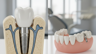 A photorealistic, detailed comparison image. On the left, a conceptual dental implant shows a titanium post fused into a realistic jawbone model, topped with a ceramic tooth crown. On the right, a conceptual removable denture, featuring a gum-colored base and prosthetic teeth, rests on a model gum line. The background is a softly blurred, clean, modern dental clinic setting, emphasizing the educational and health-related topic.
