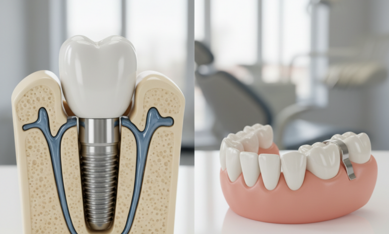 A photorealistic, detailed comparison image. On the left, a conceptual dental implant shows a titanium post fused into a realistic jawbone model, topped with a ceramic tooth crown. On the right, a conceptual removable denture, featuring a gum-colored base and prosthetic teeth, rests on a model gum line. The background is a softly blurred, clean, modern dental clinic setting, emphasizing the educational and health-related topic.