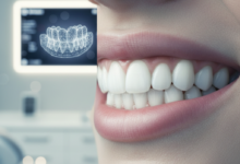A close-up, high-definition image of a flawless, natural human smile with healthy white teeth and lips. In the out-of-focus background, a modern dental clinic environment is visible, featuring a blurred digital screen displaying a conceptual 3D dental design or a wireframe model of teeth, representing advanced digital dentistry and smile planning.