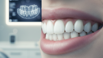 A close-up, high-definition image of a flawless, natural human smile with healthy white teeth and lips. In the out-of-focus background, a modern dental clinic environment is visible, featuring a blurred digital screen displaying a conceptual 3D dental design or a wireframe model of teeth, representing advanced digital dentistry and smile planning.