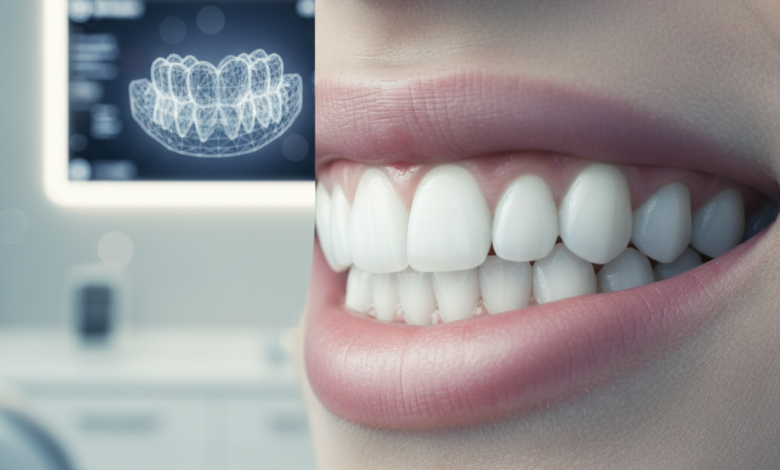 A close-up, high-definition image of a flawless, natural human smile with healthy white teeth and lips. In the out-of-focus background, a modern dental clinic environment is visible, featuring a blurred digital screen displaying a conceptual 3D dental design or a wireframe model of teeth, representing advanced digital dentistry and smile planning.