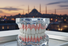 A close-up, photorealistic image of high-quality full mouth dental implant prosthetics on a sterile dental model or in a modern clinic setting. The background is softly blurred, showing a stylized, indistinct architectural silhouette of Istanbul, Turkey, with a warm, inviting atmosphere, hinting at a modern cityscape at dusk.