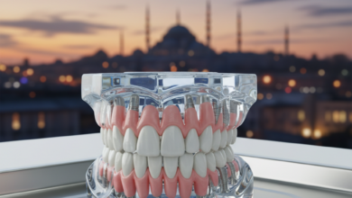 A close-up, photorealistic image of high-quality full mouth dental implant prosthetics on a sterile dental model or in a modern clinic setting. The background is softly blurred, showing a stylized, indistinct architectural silhouette of Istanbul, Turkey, with a warm, inviting atmosphere, hinting at a modern cityscape at dusk.
