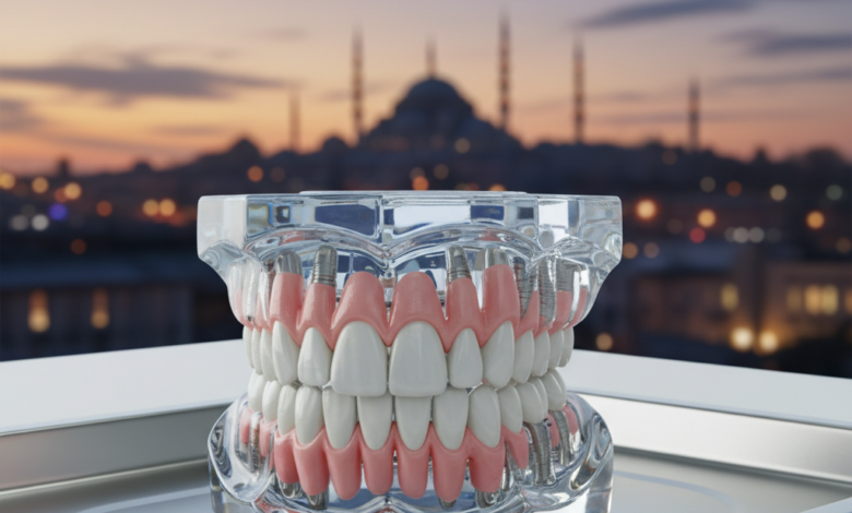 A close-up, photorealistic image of high-quality full mouth dental implant prosthetics on a sterile dental model or in a modern clinic setting. The background is softly blurred, showing a stylized, indistinct architectural silhouette of Istanbul, Turkey, with a warm, inviting atmosphere, hinting at a modern cityscape at dusk.