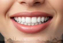 Close-up of a person with a perfectly white, radiant, and symmetrical smile, framed by natural-looking lips. The background is a softly blurred, golden-hour cityscape of Istanbul, Turkey, showing faint outlines of historical domes or minarets, suggesting dental tourism.
