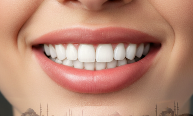Close-up of a person with a perfectly white, radiant, and symmetrical smile, framed by natural-looking lips. The background is a softly blurred, golden-hour cityscape of Istanbul, Turkey, showing faint outlines of historical domes or minarets, suggesting dental tourism.