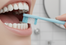 Close-up, photorealistic view of a healthy dental implant crown and gumline, being gently cleaned by a soft-bristled toothbrush held by a human hand, with a blurred background.