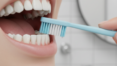Close-up, photorealistic view of a healthy dental implant crown and gumline, being gently cleaned by a soft-bristled toothbrush held by a human hand, with a blurred background.